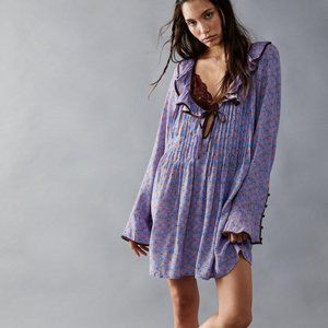 Free People Blossom Baby Mini Dress Floral Print Ruffle Collar Periwinkle XS Ne